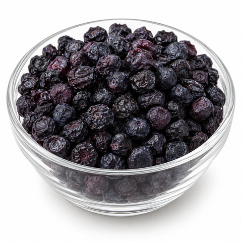 Dried blueberries in a glass bowl