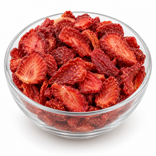 Dried strawberries in a glass bowl