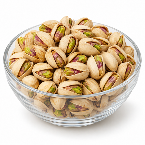Iranian roasted pistachios in clear glass bowl