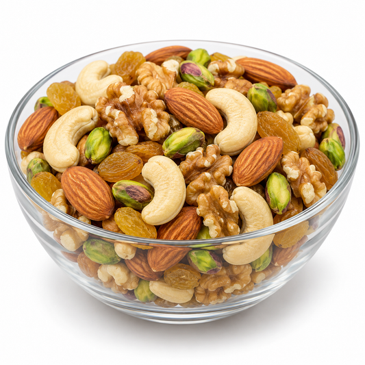 Premium mixed dry fruits in a glass bowl