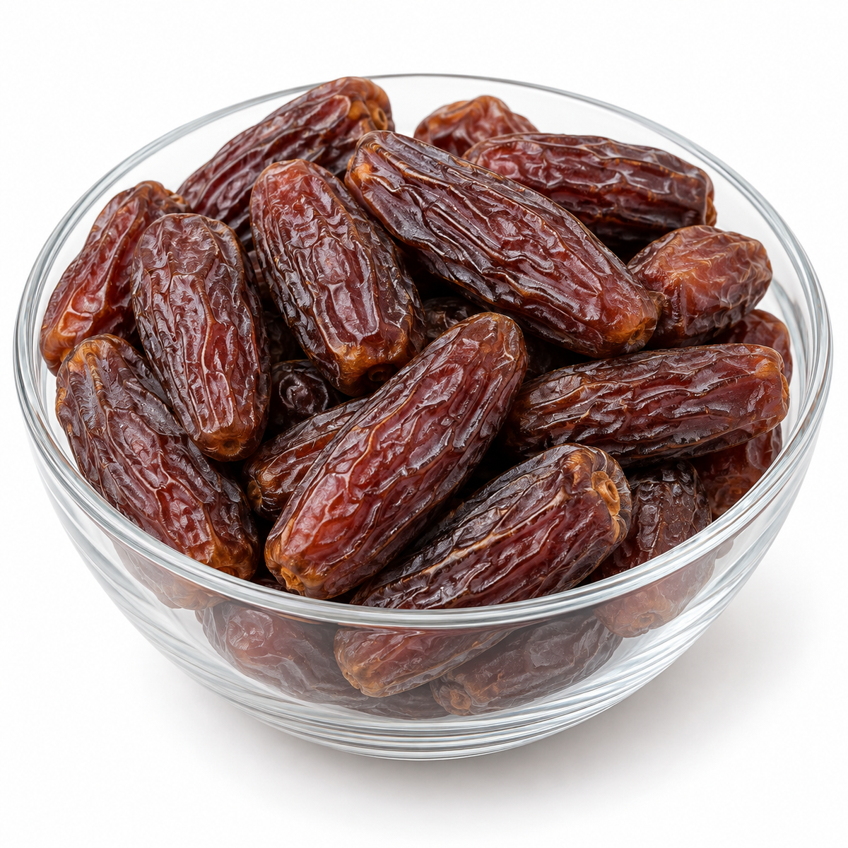 Mabroom dates in a glass bowl