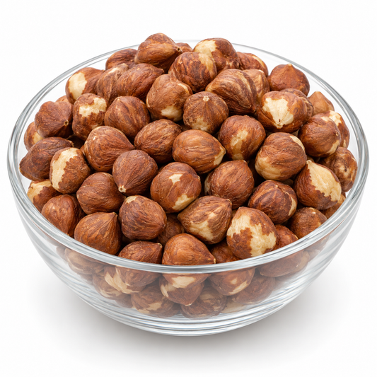 Hazelnut kernels in a glass bowl