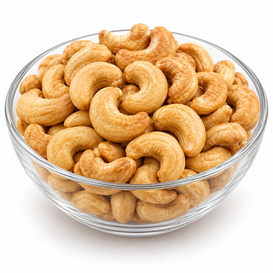 Roasted cashew nuts grade 240 in a glass bowl