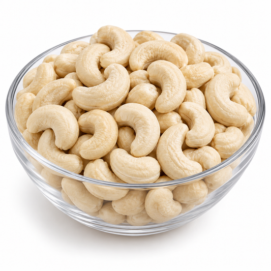 Whole raw cashew nuts grade 240 in a glass bowl