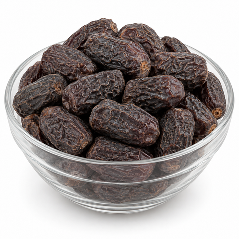 Black dried dates chuwara in a glass bowl