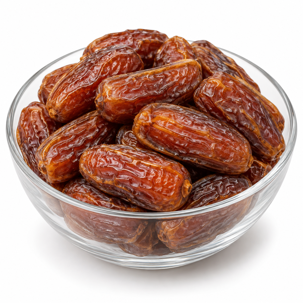 Umber dates in a glass bowl
