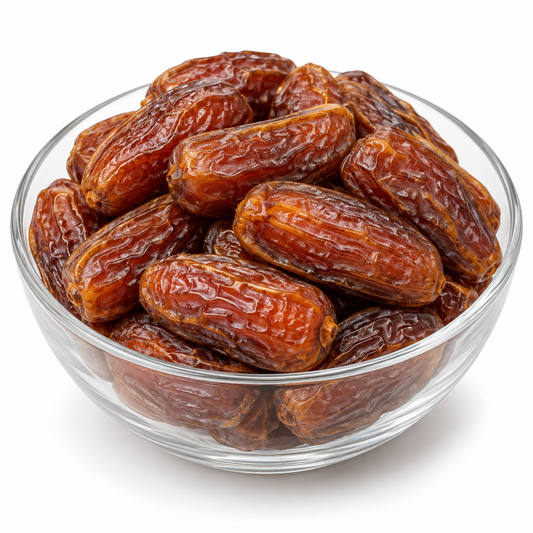 Umber dates in a glass bowl