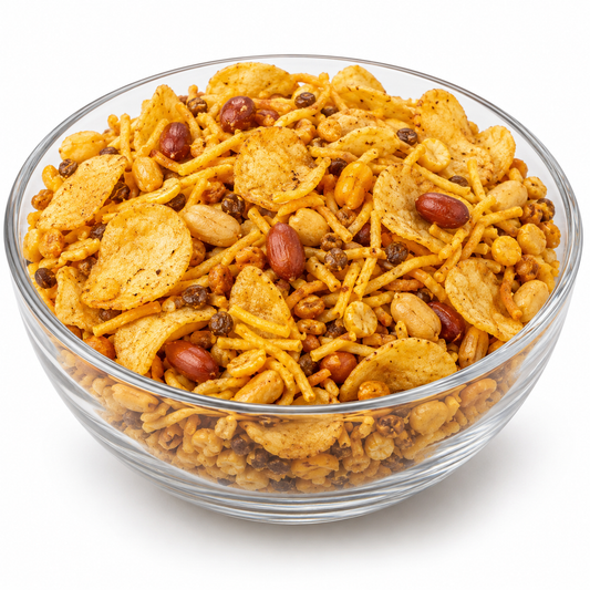 Nimko chips mix in a glass bowl