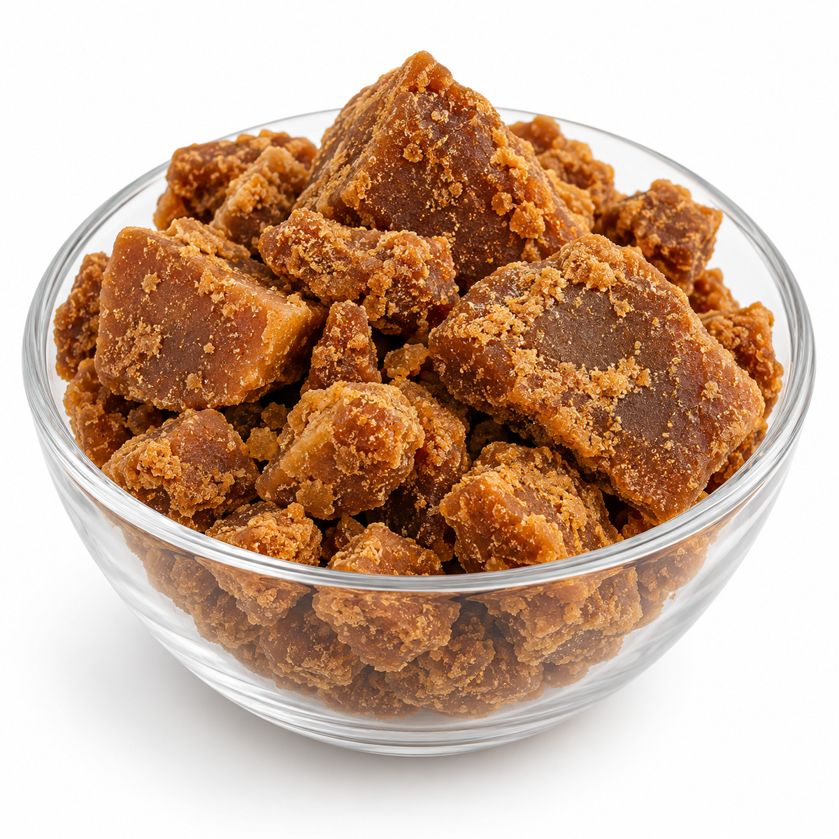 Dark jaggery gur in a glass bowl