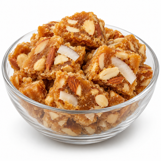Dry fruit jaggery gur in a glass bowl