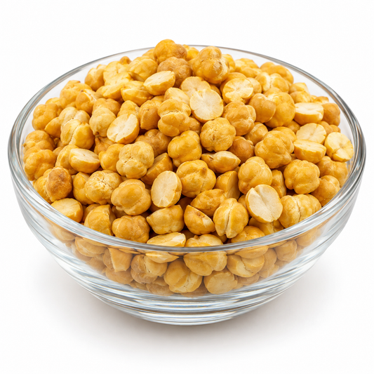 Yellow roasted chana in a glass bowl