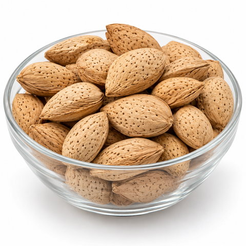 Australian almonds in shells in a glass bowl