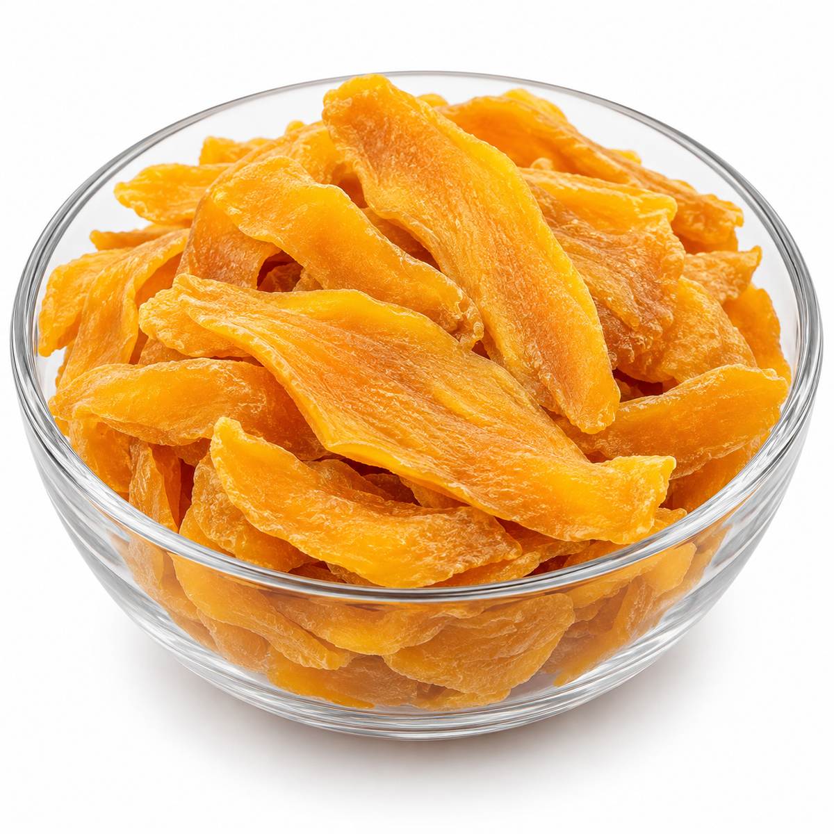 Dried mango slices in a glass bowl