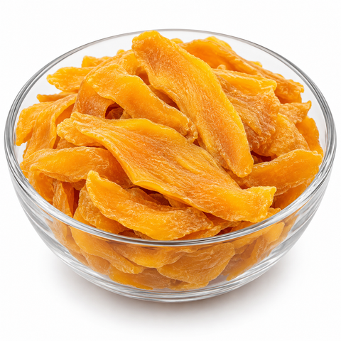 Dried mango slices in a glass bowl