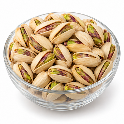 Ahmad Aghai pistachios in shells in a glass bowl