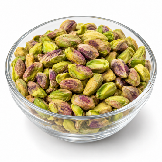 Pistachio kernels without shells in a glass bowl