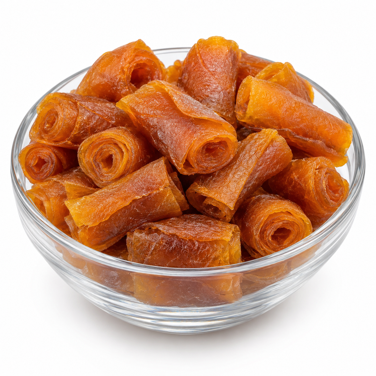 Chapli namak apricot rolls in a glass bowl