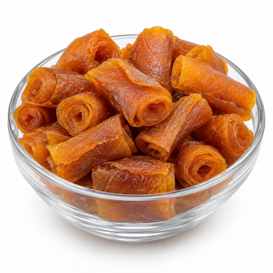 Chapli namak apricot rolls in a glass bowl