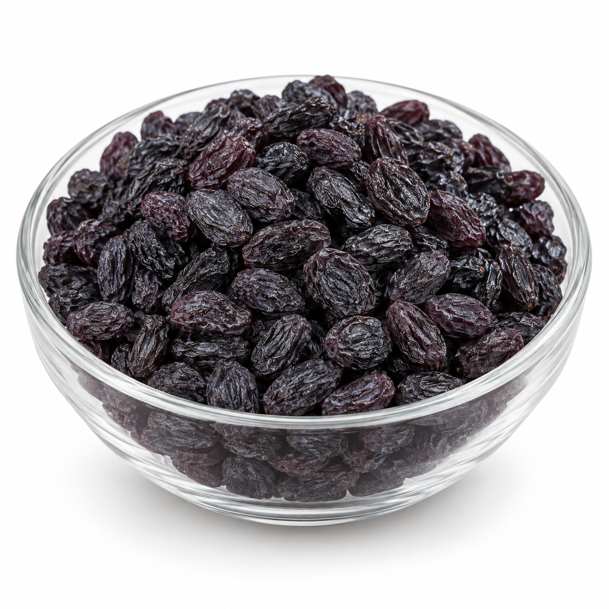 Special black raisins in a glass bowl