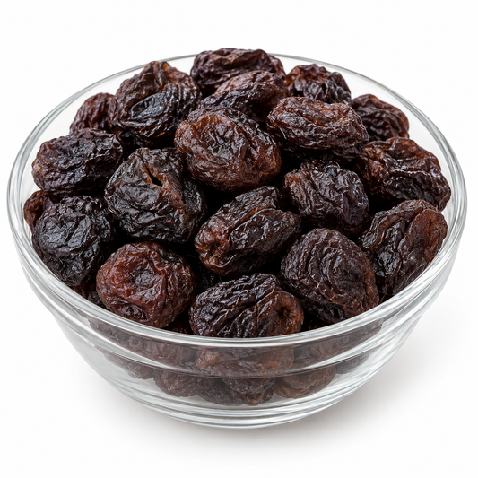 Dried aloo bukhara plums in a glass bowl