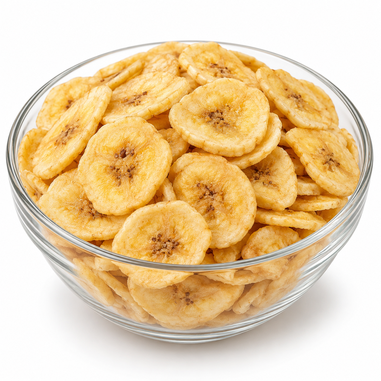 Dried banana chips in a glass bowl