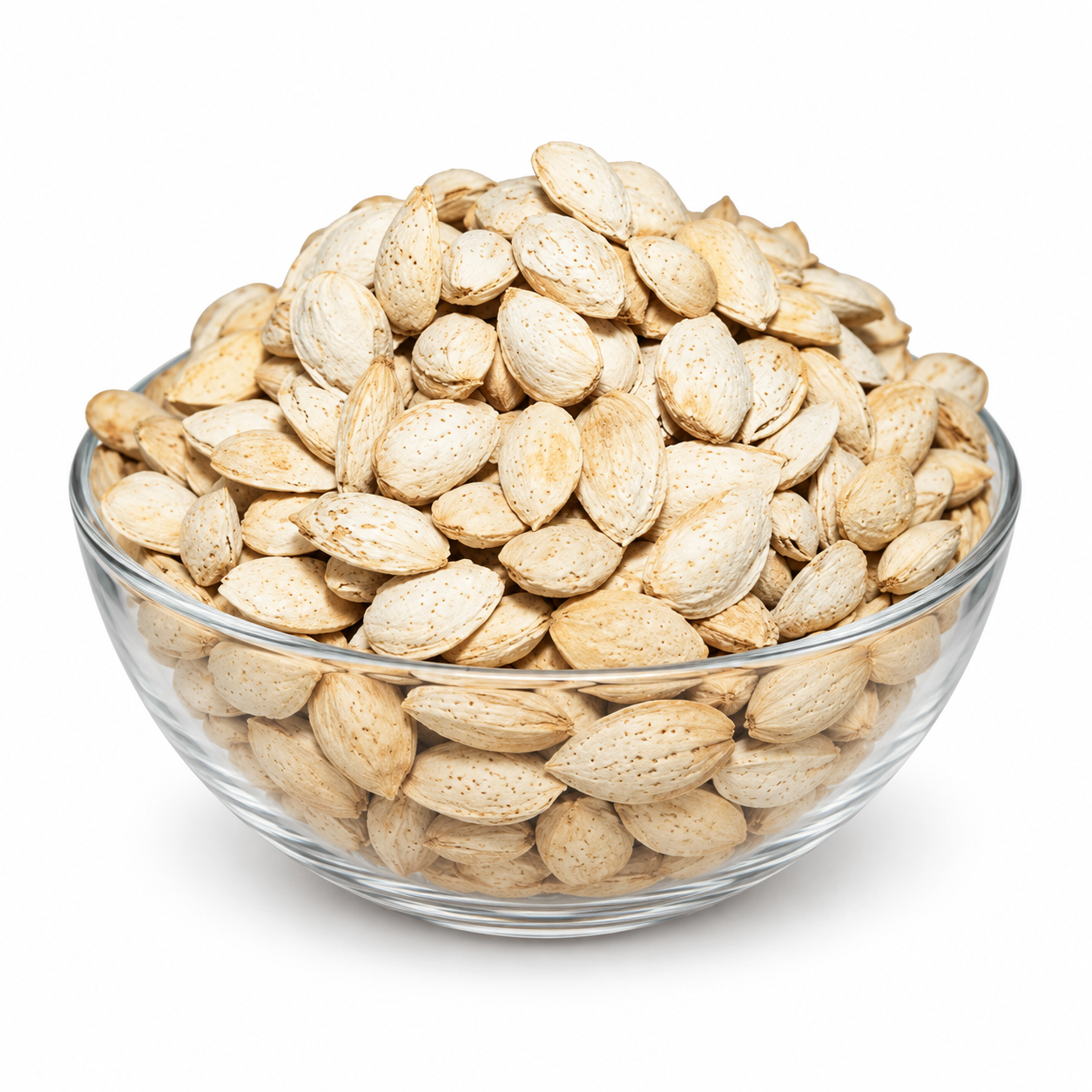 Jan's Patasa in-shell almonds in a clear glass bowl
