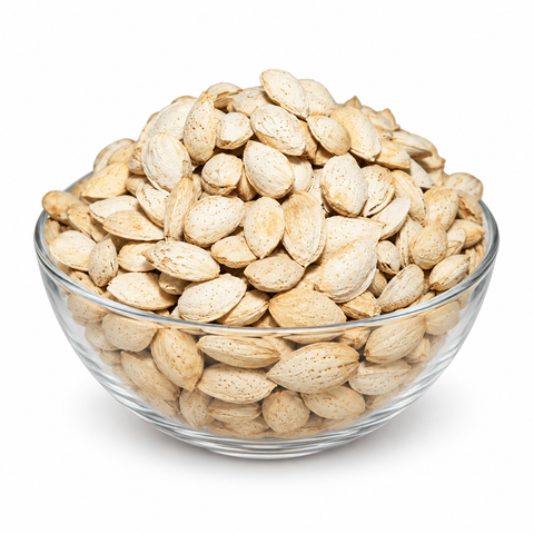 Jan's Patasa in-shell almonds in a clear glass bowl