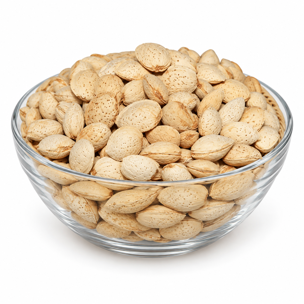 Jan's Pewand in-shell almonds in a clear glass bowl