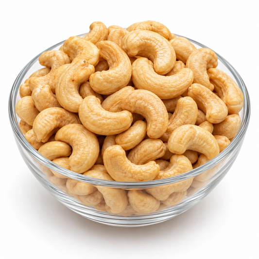 Jan's roasted cashew nuts in a clear glass bowl