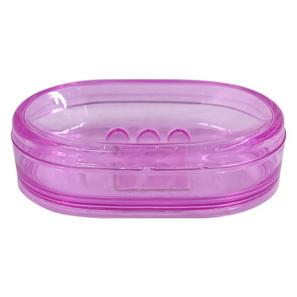 Pink transparent soap dish with an oval shape for bathroom or kitchen use