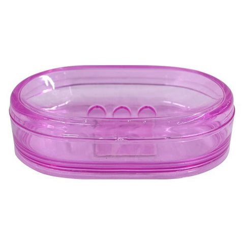 Pink transparent soap dish with an oval shape for bathroom or kitchen use
