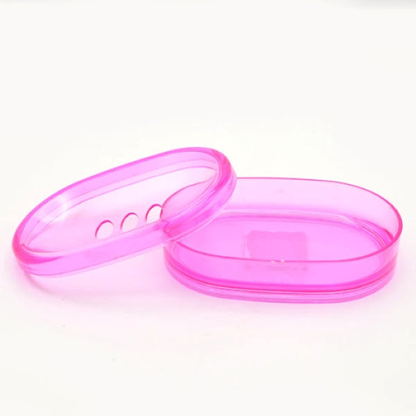 Pink soap dish with removable lid, made of durable plastic, perfect for storing soap in the bathroom.