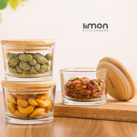 LIMON GLASS CONTAINER WITH WOODEN LID 3PCS - Nazar Jan's Supermarket