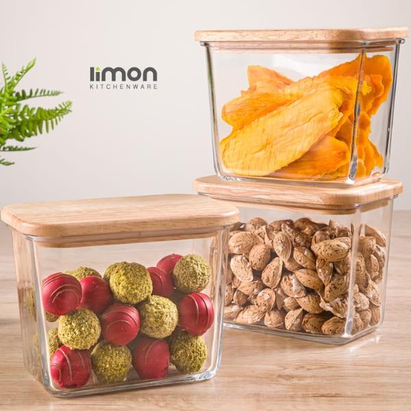 LIMON GLASS CONTAINER WITH WOODEN LID 920ML - Nazar Jan's Supermarket
