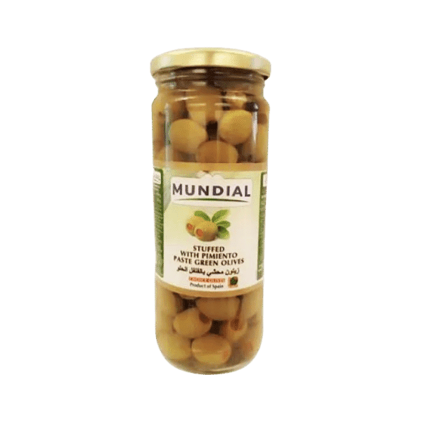 MUNDIAL STUFFED WITH PIMIENTO PASTE GREEN OLIVES 450G - Nazar Jan's Supermarket
