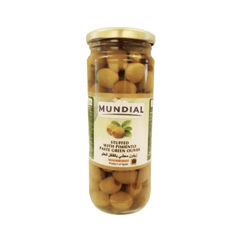 MUNDIAL STUFFED WITH PIMIENTO PASTE GREEN OLIVES 450G - Nazar Jan's Supermarket