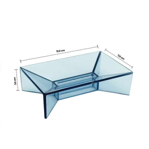 Transparent blue geometric soap dish with drainage design – plastic soap holder for bathroom sink or shower, measuring 12.5cm x 7.9cm x 3.5cm