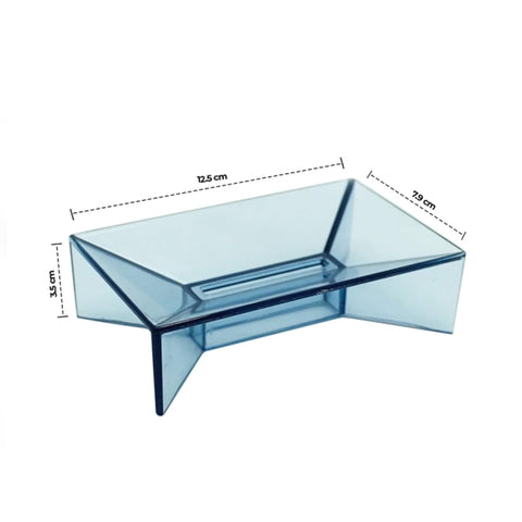 Transparent blue geometric soap dish with drainage design – plastic soap holder for bathroom sink or shower, measuring 12.5cm x 7.9cm x 3.5cm
