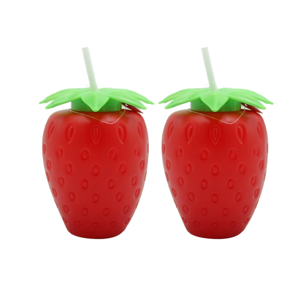 Tango fruit tumbler set, featuring two strawberry-shaped drink containers with green tops and straws, perfect for kids