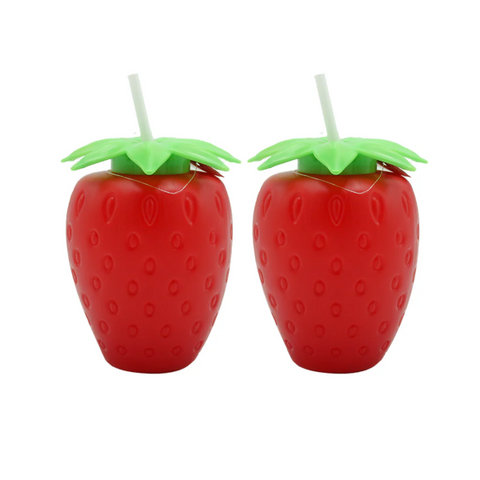 Tango fruit tumbler set, featuring two strawberry-shaped drink containers with green tops and straws, perfect for kids