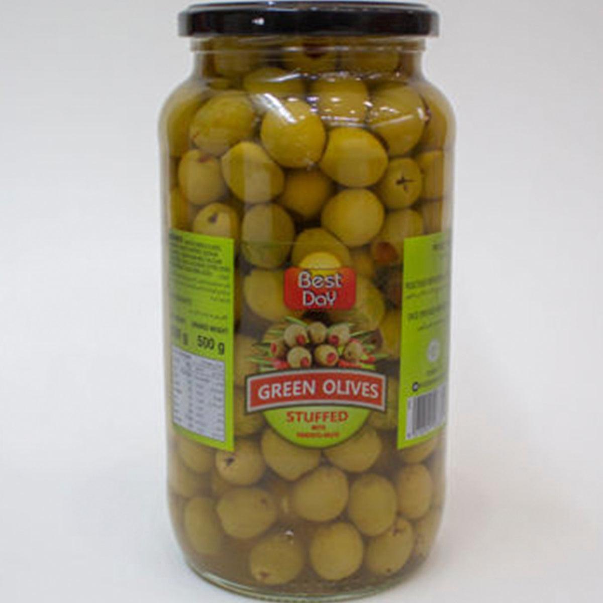 BEST DAY GREEN OLIVES STUFFED 930GM - Nazar Jan's Supermarket